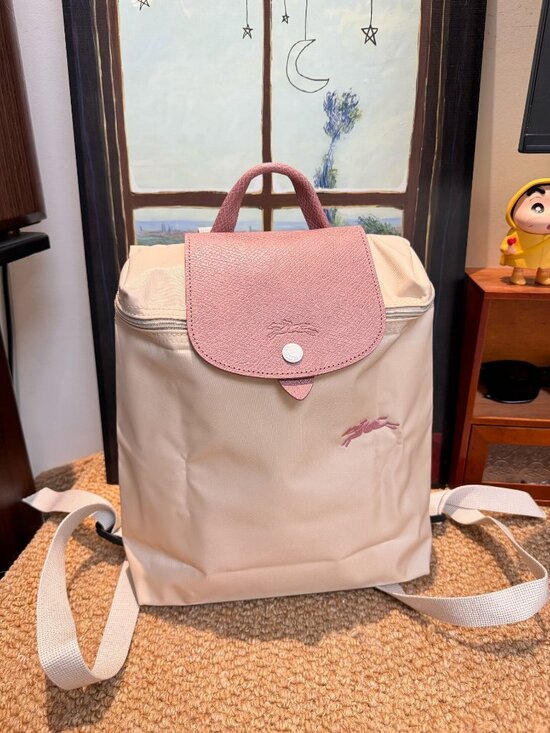 Longchamp Handbags - ✨ Longchamp Le Pliage Original Beige & Pink Leather Trim Backpack